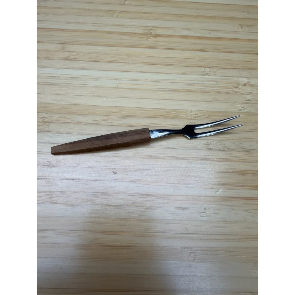 Vintage Japan IS-8 Stainless Wood Handle Cocktail Pick Olive Seafood Fork 4.5